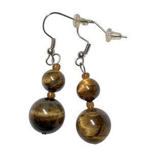 Tiger’s Eye Quartz Stone Drop Dangle Ball Beads Silver Toned Hook Earrings Brown